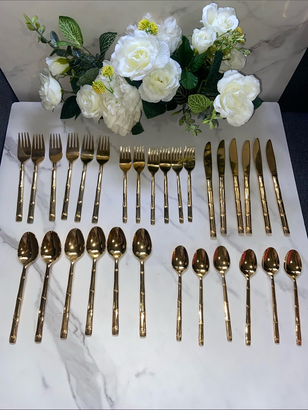 Vintage Gold Tone Bamboo-Style Stainless Steel Flatware Set of 6 MADE IN Japan